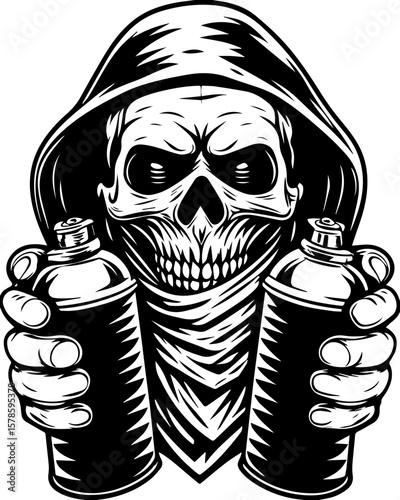 SVG of a hip hop gangster skeleton with bold urban style and tattoo design. Grim Reaper Holds Spray Cans for Urban Street Art Style Design