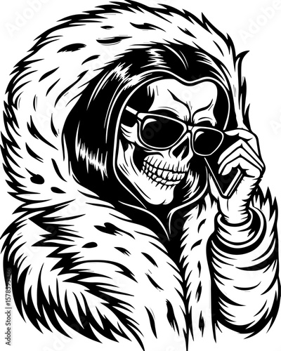 SVG of a hip hop gangster skeleton with bold urban style and tattoo design. Stylish Skull Character in Fur Coat with Sunglasses and Attitude