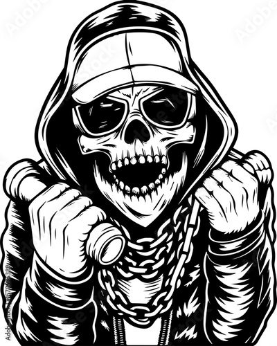 SVG of a hip hop gangster skeleton with bold urban style and tattoo design. Skull Figure in Hoodie with Dumbbells and Chain in Bold Art Style