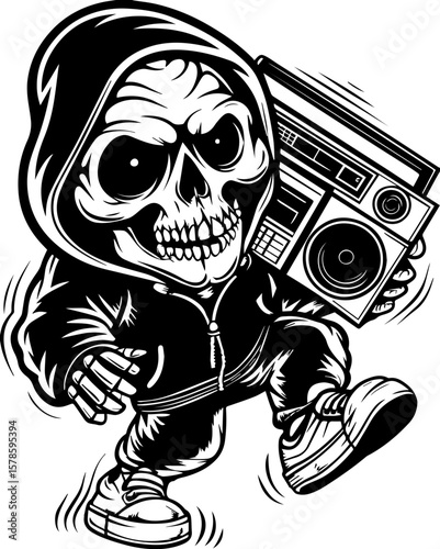 SVG of a hip hop gangster skeleton with bold urban style and tattoo design. Cool Skeleton Character with Boombox in Urban Style Artwork