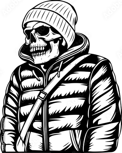 SVG of a hip hop gangster skeleton with bold urban style and tattoo design. Skull Figure Wearing Beanie and Jacket in Stylized Monochrome Art