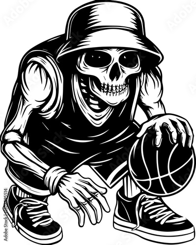 SVG of a hip hop gangster skeleton with bold urban style and tattoo design. Skeleton Player in Basketball Uniform with Ball in Dynamic Pose