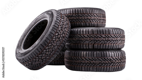 Used car tires stacked for recycling background isolated on a Transparent background, PNG file.