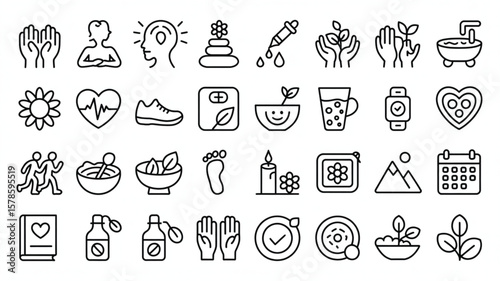 Wellness Icons for Health and Self-Care: A collection of meticulously crafted line icons, symbolizing key elements of wellness, health, and holistic self-care, set against a clean, uncluttered space.