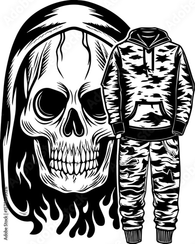 SVG of a hip hop gangster skeleton with bold urban style and tattoo design. Skull and Hoodie Design with Camouflage Elements for Apparel