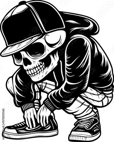 SVG of a hip hop gangster skeleton with bold urban style and tattoo design. Stylish Skeletal Figure in Streetwear Crouching and Tying Shoes