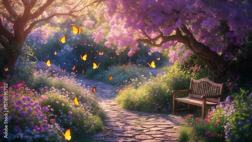 Walking Path in Garden with Flowers, Bench, and Flying Butterflies