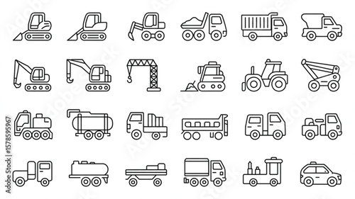 Construction Vehicles Icons: A meticulously designed set of black and white construction vehicle icons, ready for any project.