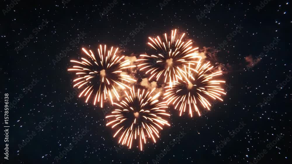 Colorful firework display at night against a starry sky. A celebratory scene with bright sparkling lights.