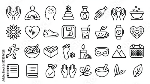 Wellness Icon Collection: An expansive compilation of wellness icons, symbolizing various facets of health and self-care. Each minimalist outline artfully represents a pathway to holistic well-being.