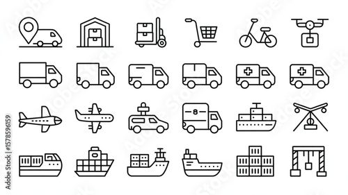 Logistics and Delivery Icon Set: A comprehensive collection of line icons representing various modes of transportation, warehousing, and delivery processes, perfect for websites, apps.