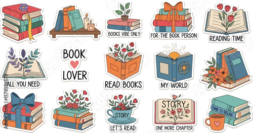 Book lover sticker set for reading enthusiasts and bookworms, cute bookish illustration collection