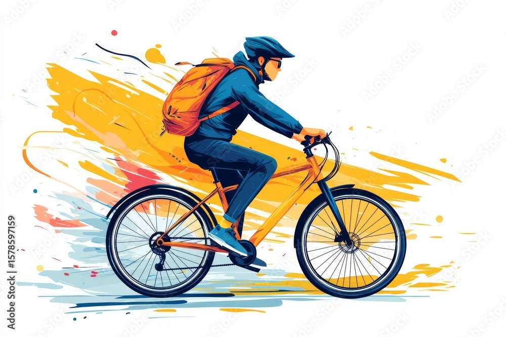 Fototapeta premium Cyclist wearing helmet and backpack riding bicycle with colorful splashes in background, representing active lifestyle and urban commuting