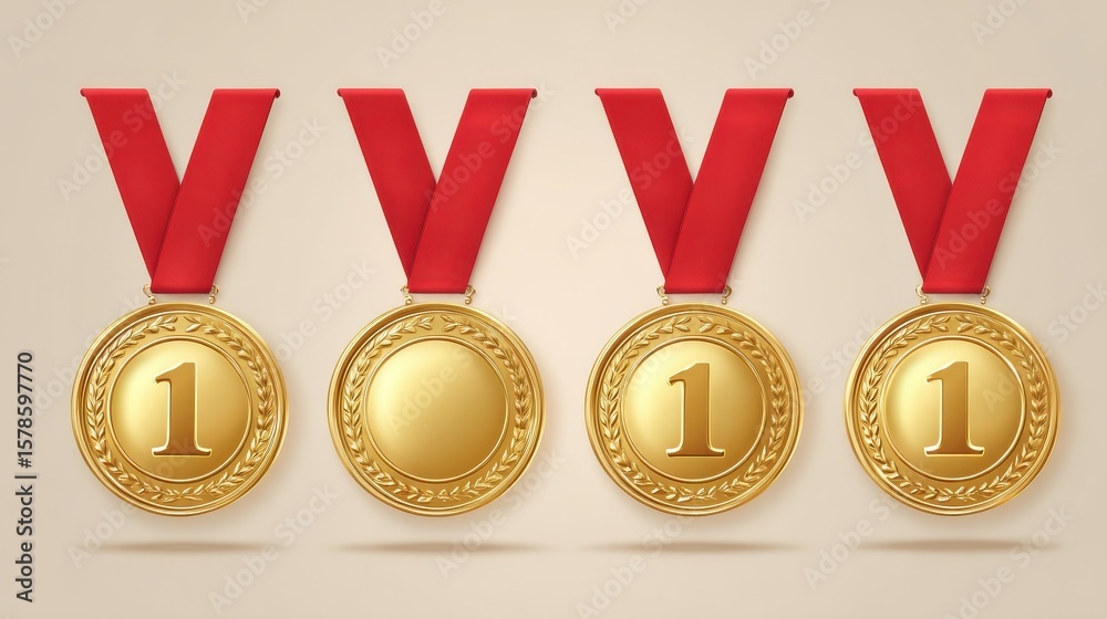 Gold medal. Number 1 golden medals with red award ribbons. First placement winner trophy prize. Vector set, no logos, no brands Gold medal. Number 1 golden medals with red award ribbons. First placement winner trophy prize. Vector set, no logos, no brands