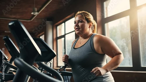 Plus-size woman exercising on treadmill in modern gym, illuminated by natural light from large windows, showcasing dedication to fitness and healthy lifestyle choices