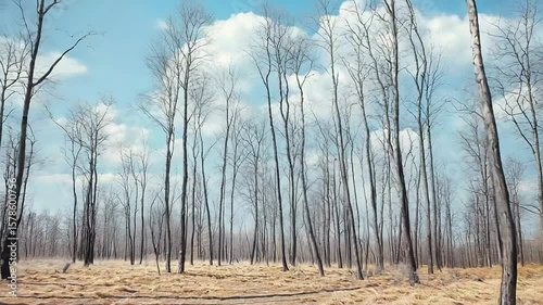 Leafless poplar trees growing in dry grass field under cloudy sky