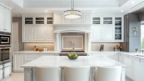 Modern white kitchen featuring island with stools and hanging lamp