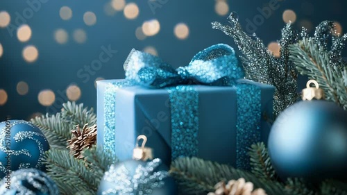 Elegant blue christmas gift surrounded by decorations and pine branches