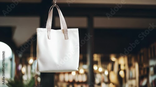 White tote bag hanging in a cozy coffee shop interior