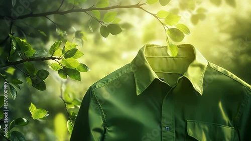 Green shirt hanging on tree branch symbolizing eco friendly fashion