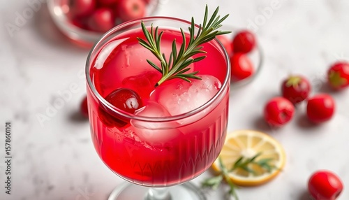 Cranberry rosemary gin cocktail in elegant glass, garnished with fresh rosemary sprig,  botanical,  glass