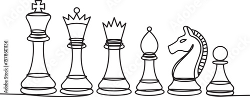 one line drawing of six classic chess pieces in a horizontal row with clean geometric profiles