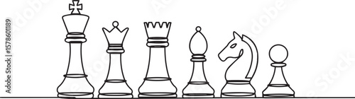 one line drawing of six classic chess pieces in a horizontal row with clean geometric profiles