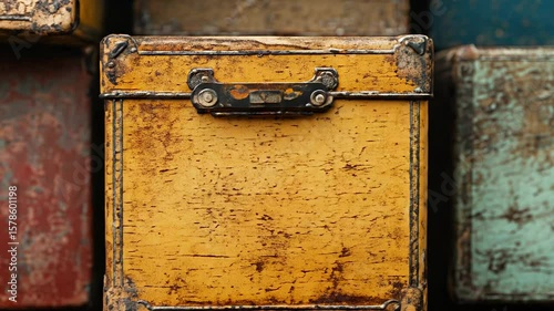 Colorful old wooden boxes forming a storage wall