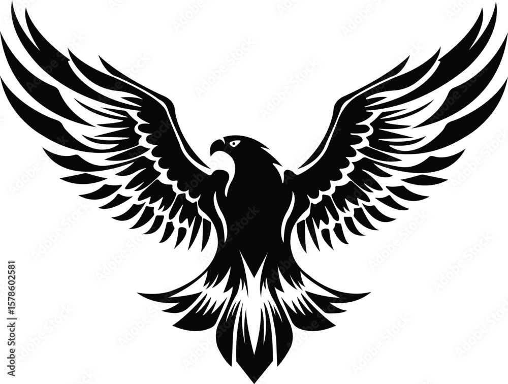 Fototapeta premium Eagle Vector Tribal Style Illustration with Outstretched Wings, Eagle Vector Black and White Silhouette in Flying Pose