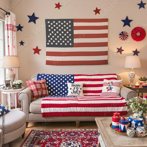Patriotic living room decorated for the fourth of July.