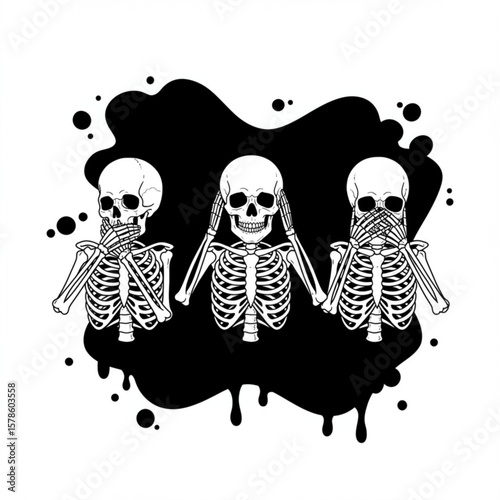 Three skeletons illustrating see no evil hear no evil speak no evil poses