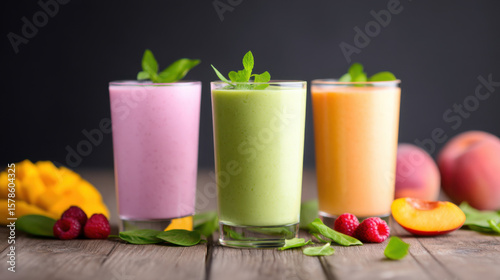 Wallpaper Mural Three colorful fruit smoothies-pink, green, and orange-garnished with fresh leaves, surrounded by raspberries, mango, and peaches on a wooden surface. Torontodigital.ca