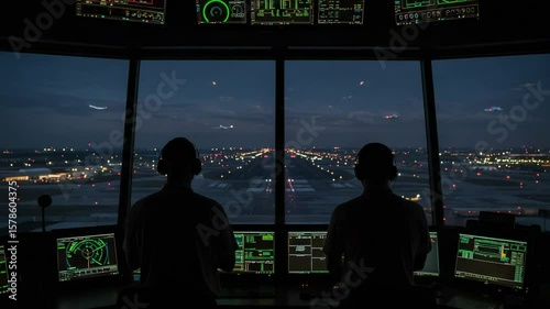Two air traffic controllers in silhouette inside a control tower. View of a busy airport runway at night with planes taking off and landing.