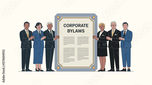 diverse board of directors holding corporate bylaws document, vector illustration for ratifying corporate bylaws, establishing company governance, and legal framework agreement