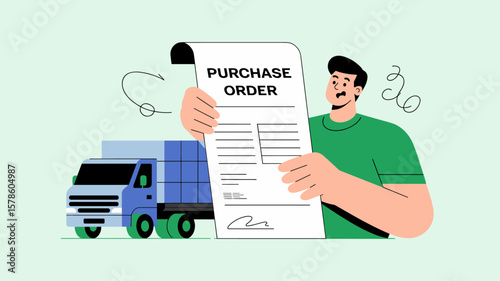 supplier holding large purchase order with delivery truck, vector illustration for supply chain management and b2b procurement