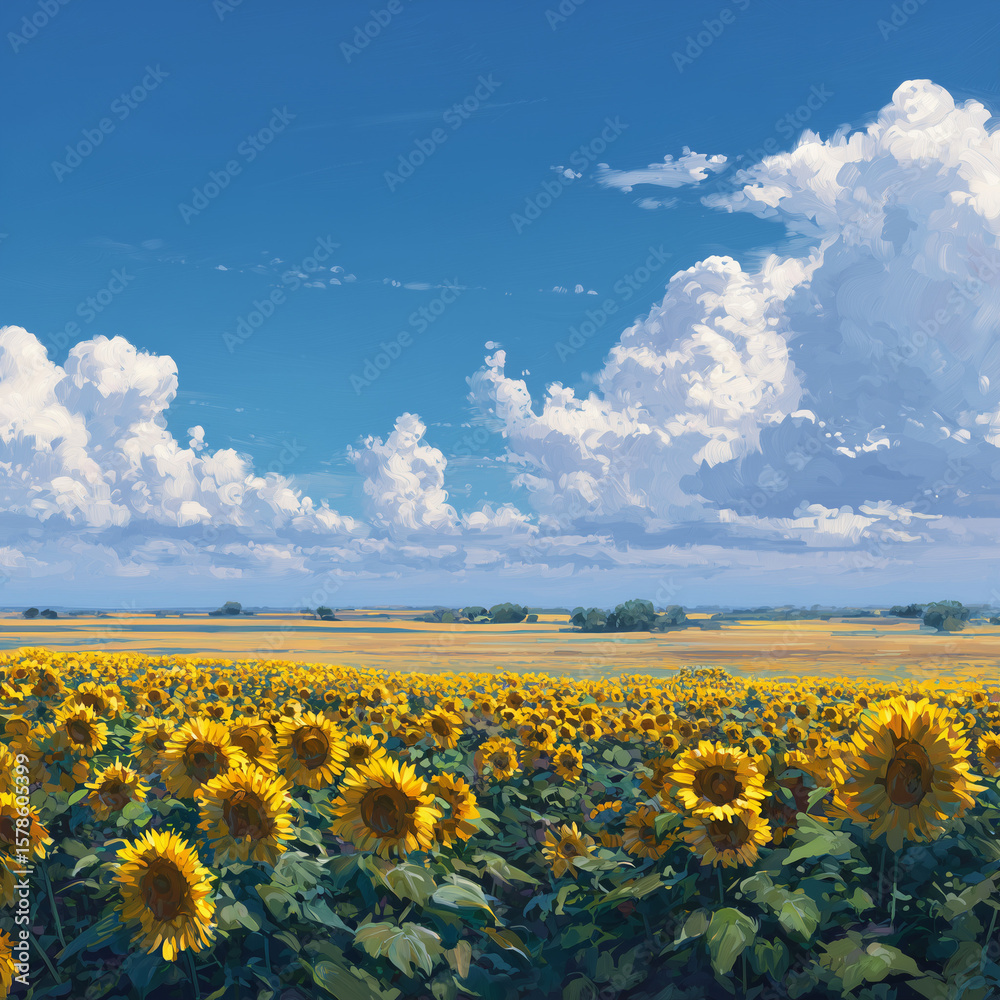 Obraz premium field of sunflowers and blue sky with clouds