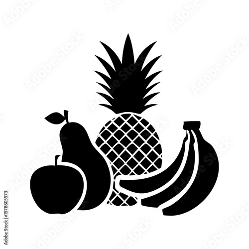 Complete fruit silhouette and vector icon set featuring apples, bananas, oranges, grapes, watermelon, and more for food packaging, health design, and kids learning visuals