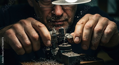 A locksmith diligently works on cutting a key with precision using a key cutting machine in his workshop, illuminated by a bright lamp