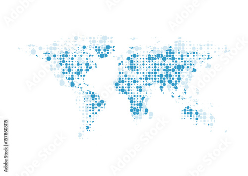 Bright blue minimal dotted world map abstract background. Vector earth halftone design