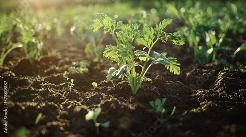 Young plants emerge from fertile soil bathed in golden sunlight