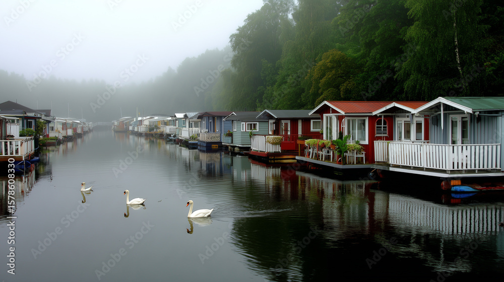 Fototapeta premium Vibrant houseboats mirrored on glassy river surface surrounded by morning haze.