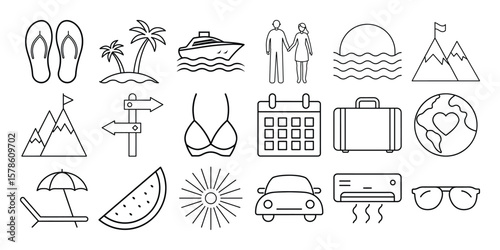 Collection of travel and vacation icons isolated on white background