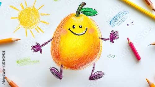 Colorful Mango with Face, Arms, and Legs in Fun Crayon Drawing Style children art drawing,Generative Ai