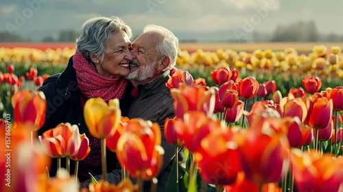 Elderly couple embracing in a vibrant tulip field, surrounded by colorful blooms, capturing a moment of love and joy in a picturesque outdoor setting filled with nature's beauty