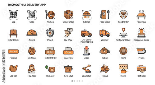 A collection of 30 smooth UI delivery app icons featuring food, ordering, delivery, payment, and location elements in a modern, minimalist style.