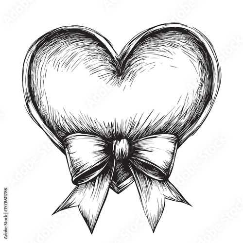 Heart line drawing ribbon in vector doodle sketch. Wedding, Valentine day love heart scribble line background, vector style simple color