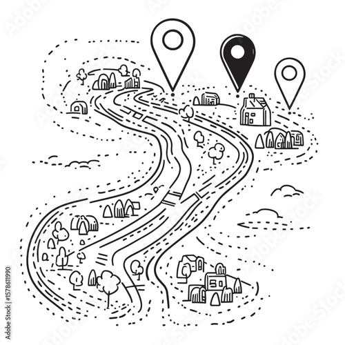 Continuous line drawing of paths and Location markers. Pin between two points in one line style. GPS navigation and travel concept in doodle style. , vector style simple color
