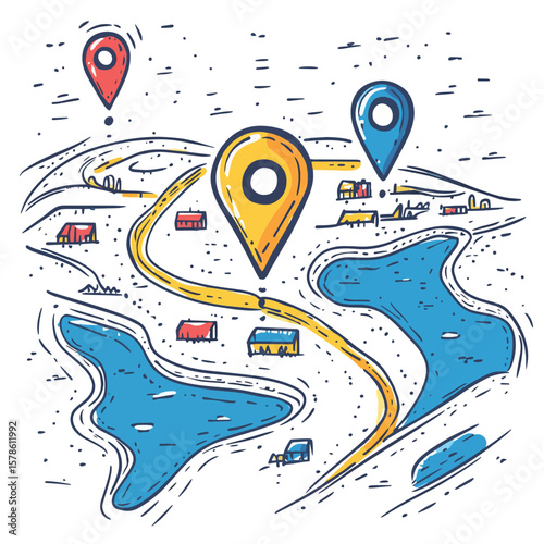 Continuous line drawing of paths and Location markers. Pin between two points in one line style. GPS navigation and travel concept in doodle style. , vector style simple color