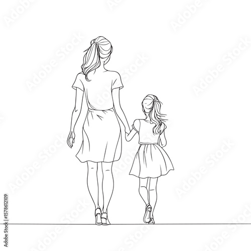 Happy mom with her female child in continuous line art drawing style