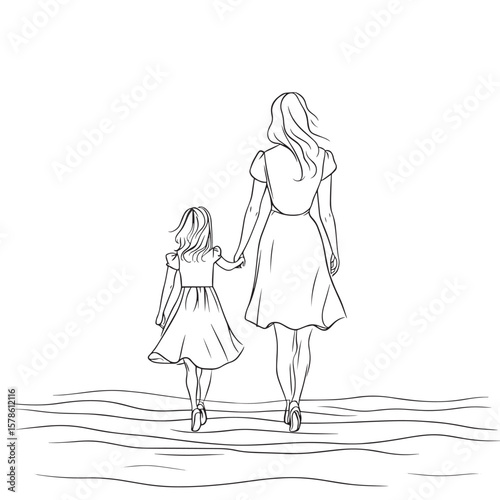 Happy mom with her female child in continuous line art drawing style